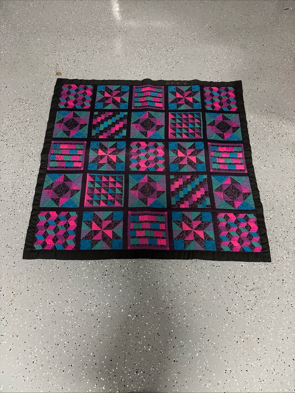 Handmade Hand Quilted Patchwork Quilt in Pink, Teal & Black